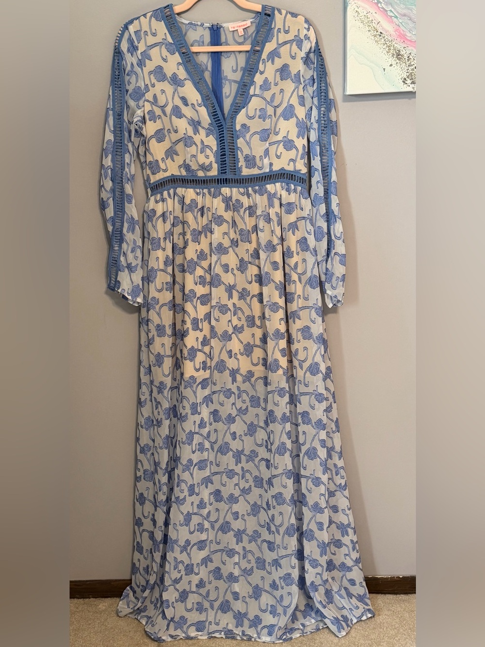 re:named Blue Floral Embroidered Maxi Dress White Boho V-Neck Large